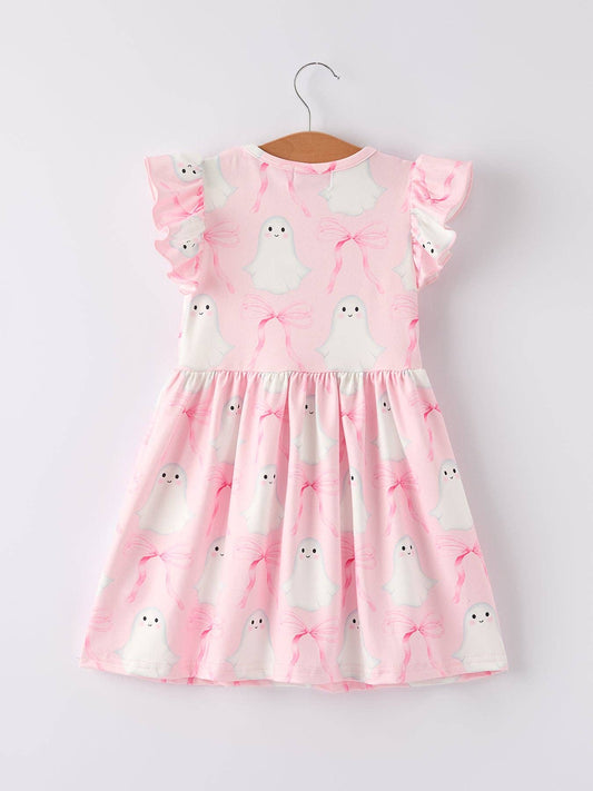 Halloween Pink Ghost Bow Ruffle Sleeve Dress