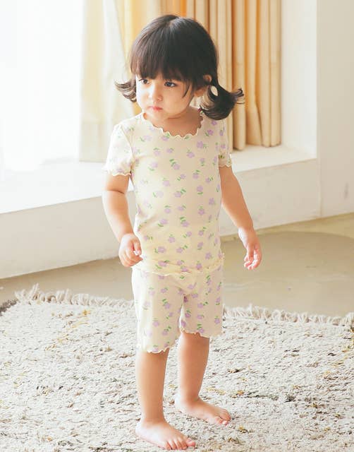 Shirring Purple Blossom Short Sleeve Bamboo Pajama