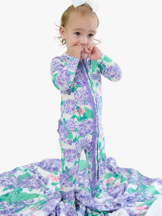 SoftSnooze™ Baby Girls Bamboo Viscose Purple Hydrangea Garden Footed Ruffle One Piece Pajama