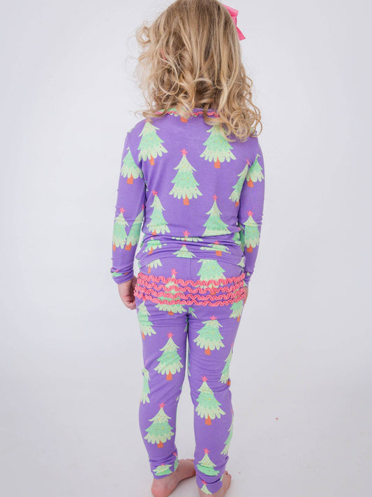 SoftSnooze™ Toddler Girls Bamboo Viscose Purple Twinkling Trees Ruffle Long Sleeve Pajama Set with Signature Rear Ruffles