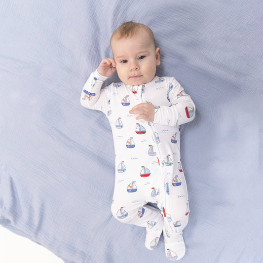 Bubbly Sailboats Blue - 2 Way Zipper Footie