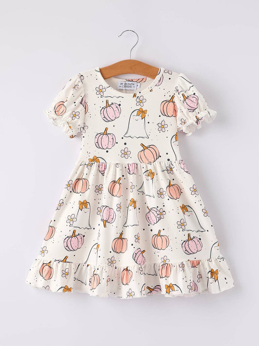 Halloween Pumpkin Ghost Print Girls Dress