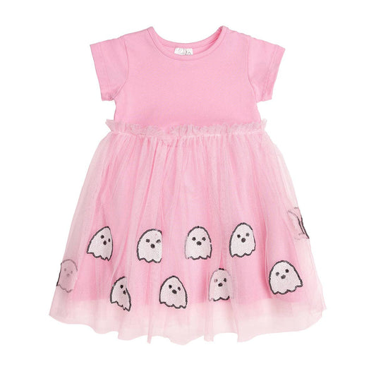 Ghost Sequin Halloween Short Sleeve Tutu Dress - Kids Dress