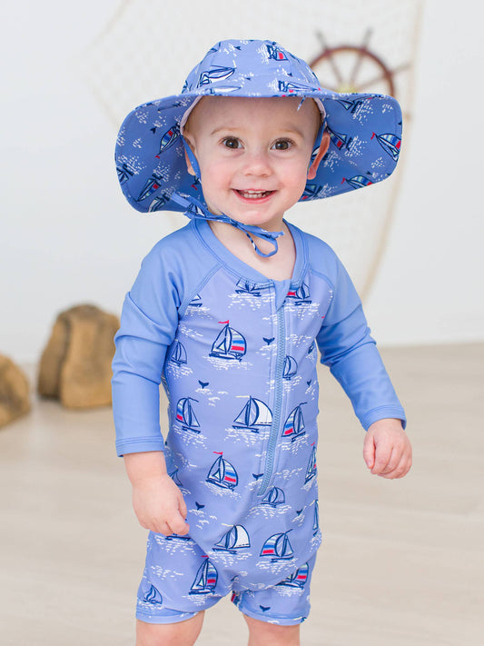 Baby Boys Blue Seas the Day Long Sleeve One Piece Rash Guard Swimsuit