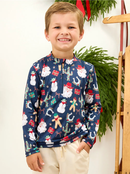 Boys Giddy Up Santa Western Christmas Performance Long Sleeve Quarter Zip