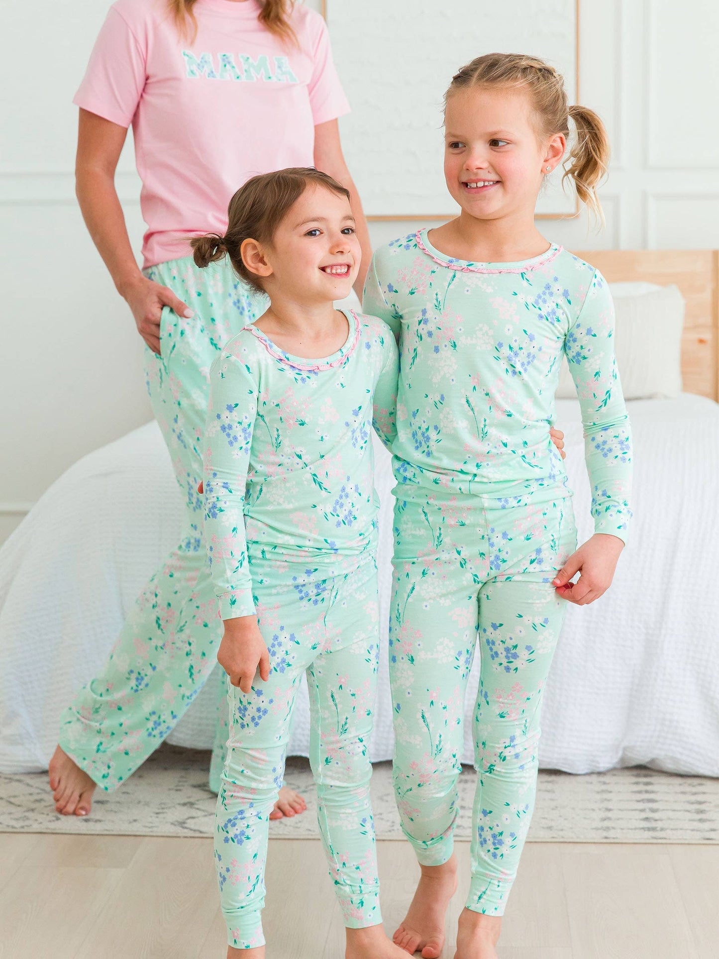 SoftSnooze™ Toddler Girls Bamboo Viscose Mint Meadow Ruffle Long Sleeve Pajama Set with Signature Rear Ruffles