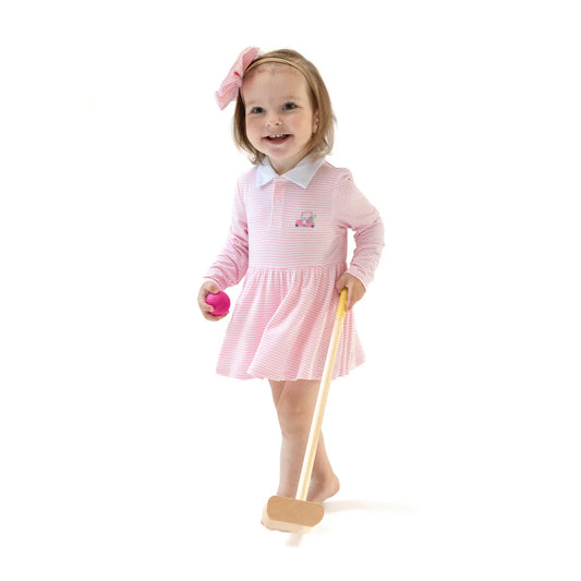 Long Sleeve Polo Bodysuit Dress - Baby Golf Carts Pink