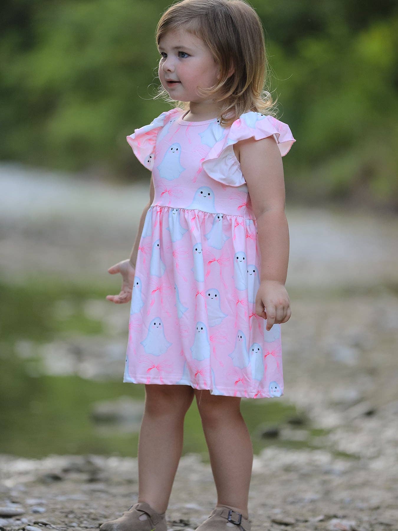 Halloween Pink Ghost Bow Ruffle Sleeve Dress