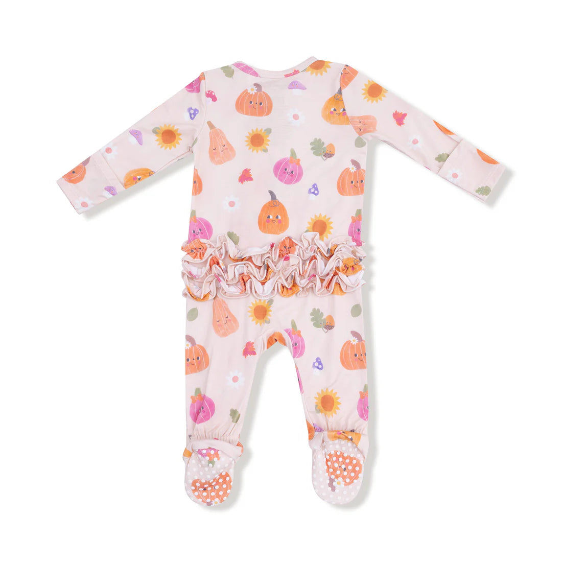 2 Way Zipper Ruffle Back Footie - Autumn Pumpkins Pink
