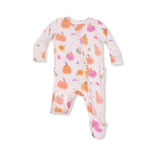 2 Way Zipper Ruffle Back Footie - Autumn Pumpkins Pink