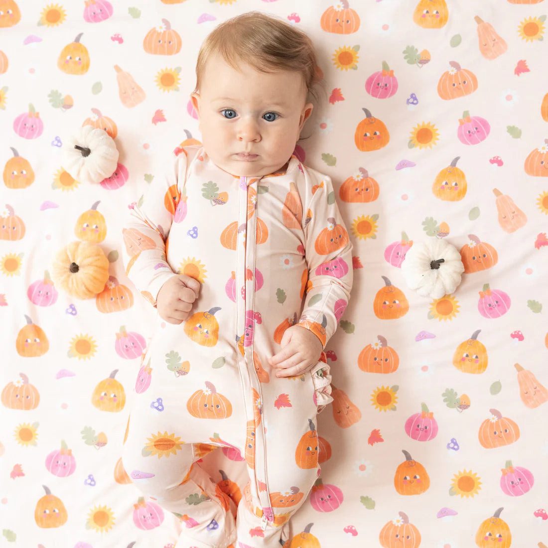 2 Way Zipper Ruffle Back Footie - Autumn Pumpkins Pink
