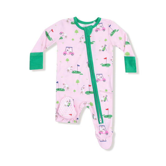 2 Way Zipper Ruffle Back Footie - Dog Gone Golf Pink