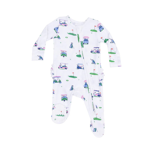 2 Way Zipper Ruffle Back Footie - Vintage Golf Carts Pink