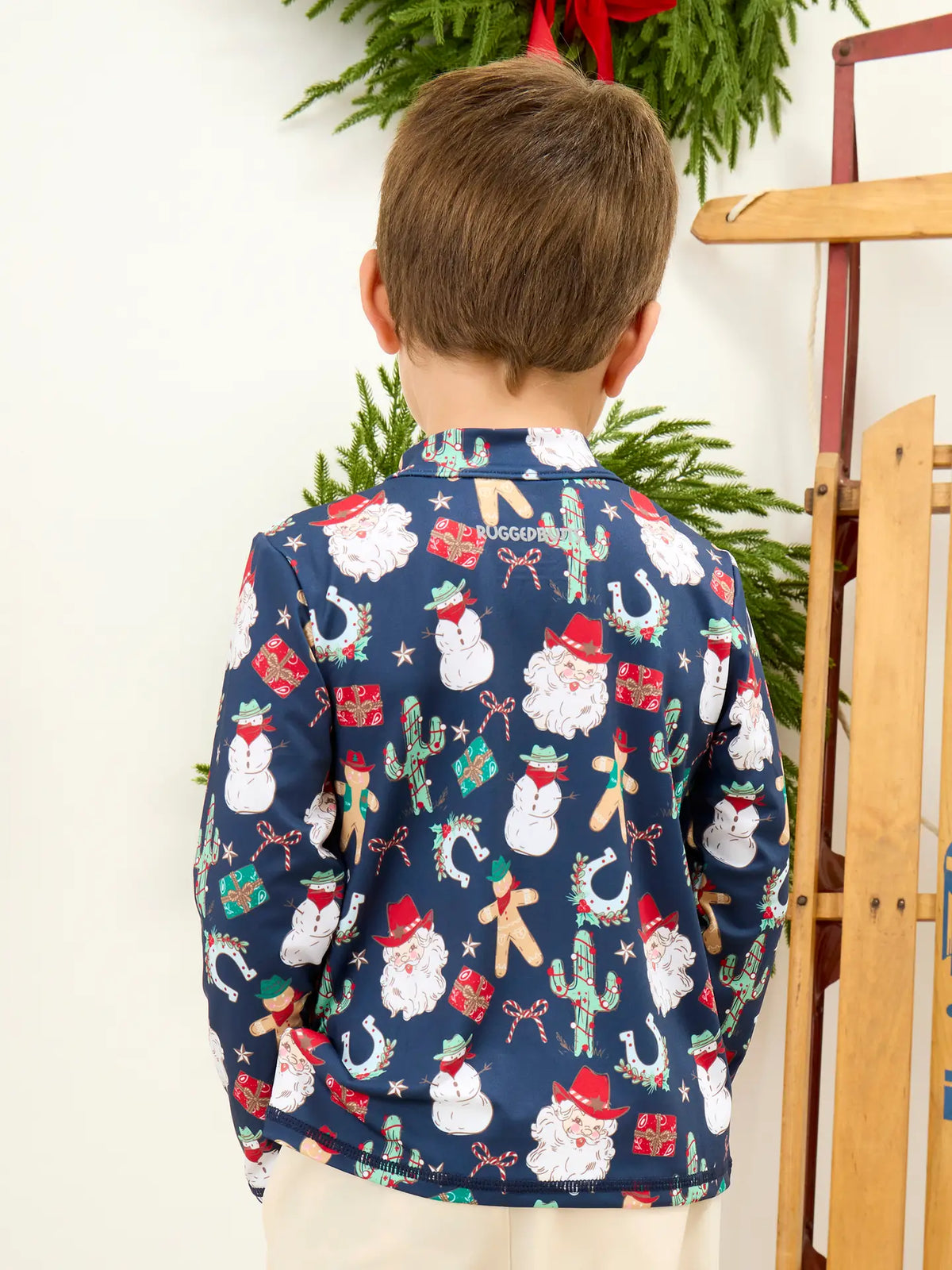 Boys Giddy Up Santa Western Christmas Performance Long Sleeve Quarter Zip