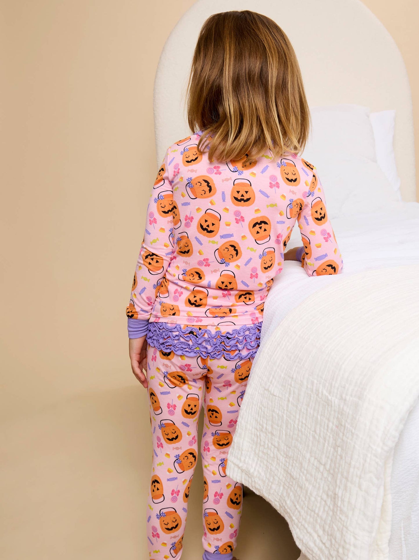 SoftSnooze™ Toddler Girls Bamboo Viscose Pumpkin Boo Crew Ruffle Long Sleeve Pajama Set with Signature Rear Ruffles