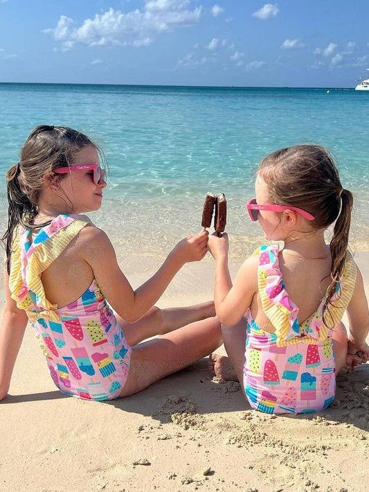 Girls Ice Cream Social Bow V-Back One Piece Swimsuit