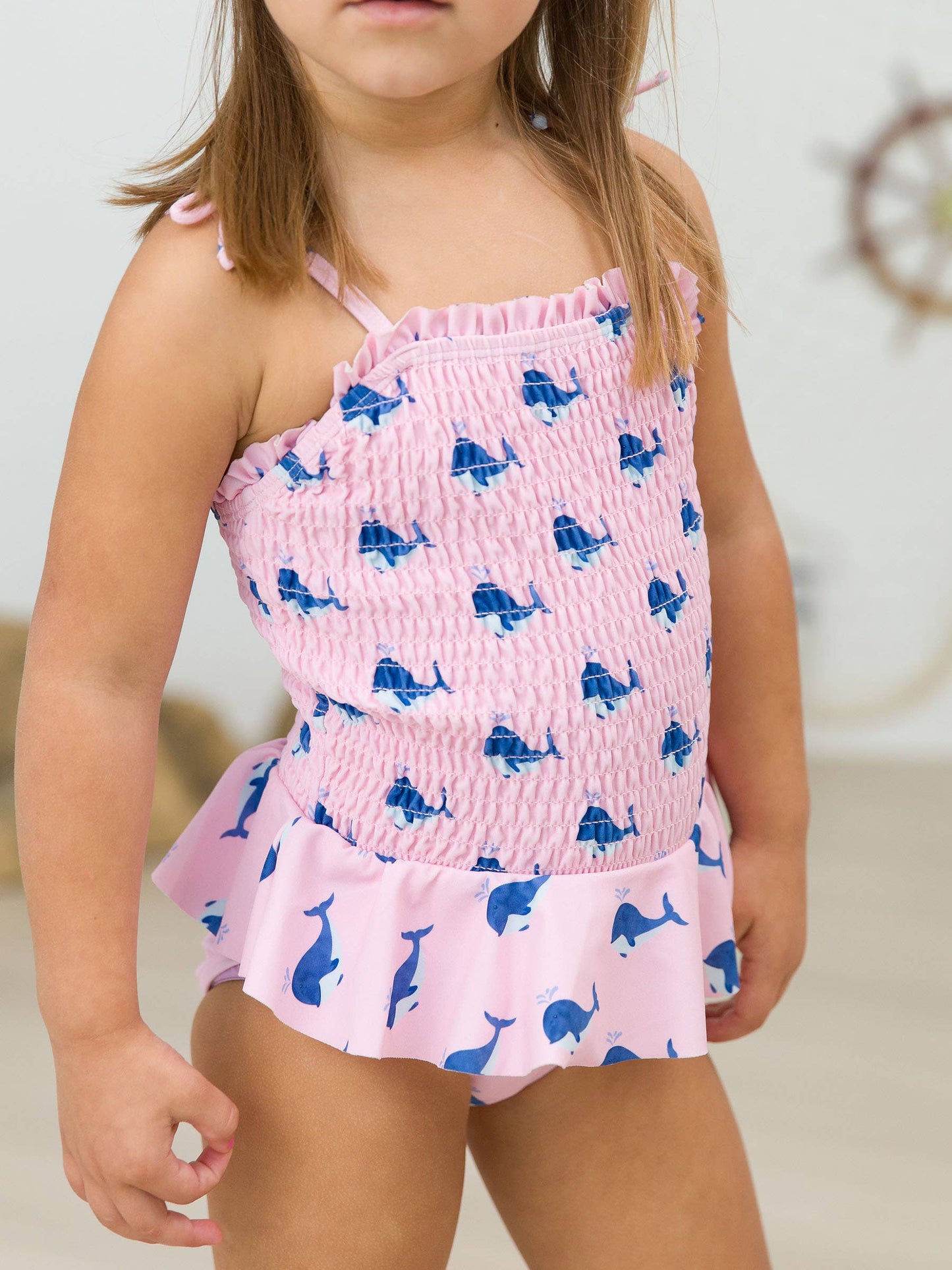 Girls Pink Whale Friends Peplum Smocked Bodice One Piece Swimsuit