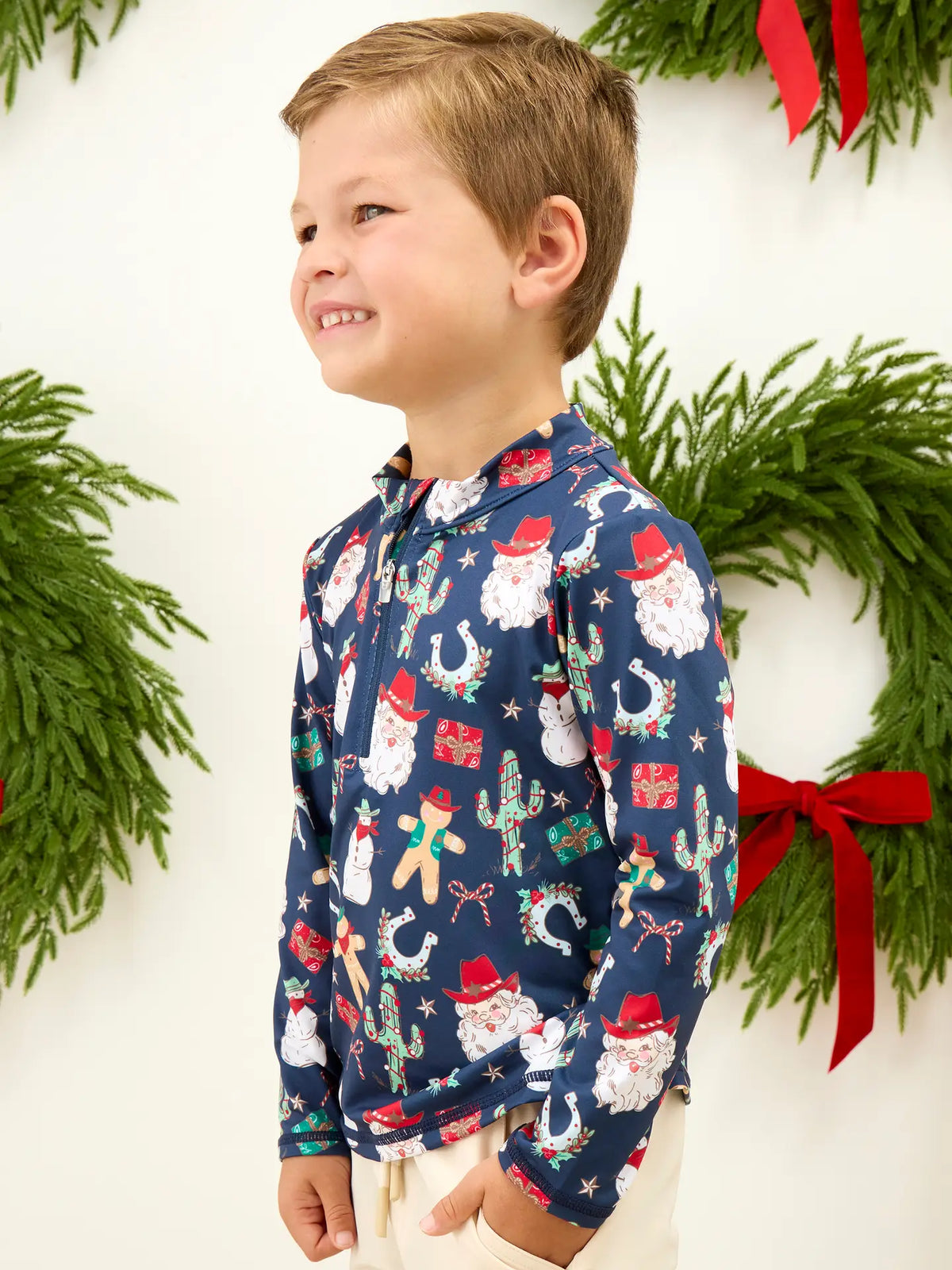 Boys Giddy Up Santa Western Christmas Performance Long Sleeve Quarter Zip