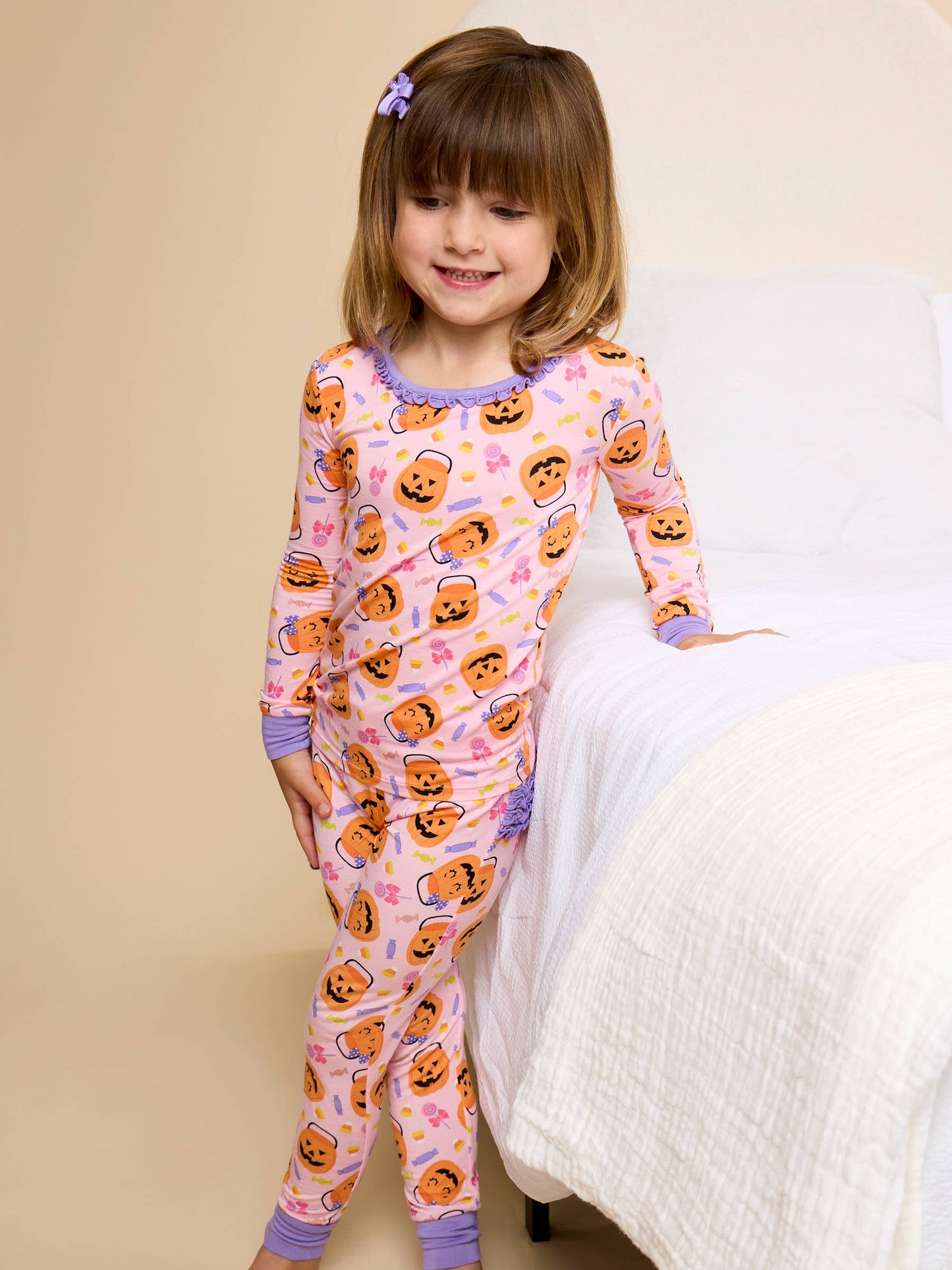 SoftSnooze™ Toddler Girls Bamboo Viscose Pumpkin Boo Crew Ruffle Long Sleeve Pajama Set with Signature Rear Ruffles