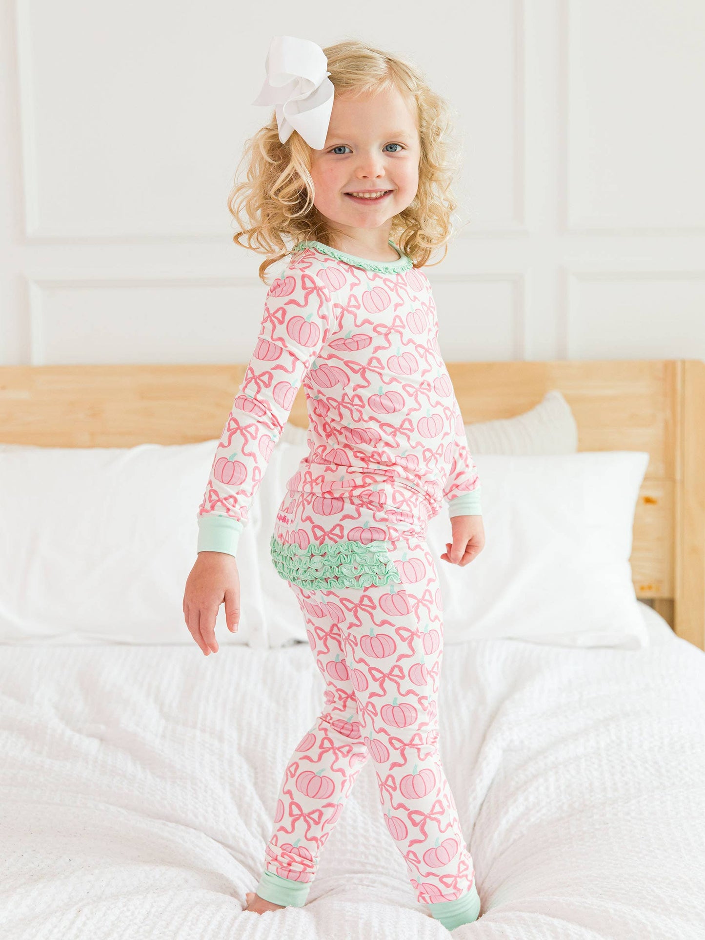 SoftSnooze™ Toddler Girls Bamboo Viscose Pink Fairytale Pumpkins Ruffle Long Sleeve Pajama Set with Signature Rear Ruffles