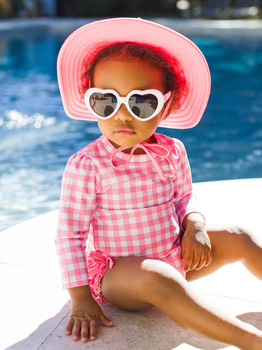 Baby Girls Bubblegum Pink Gingham Long Sleeve One Piece Rash Guard Swimsuit with Signature Rear Ruffles