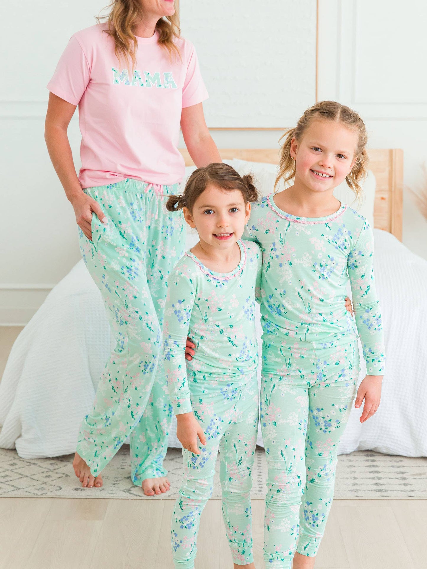SoftSnooze™ Toddler Girls Bamboo Viscose Mint Meadow Ruffle Long Sleeve Pajama Set with Signature Rear Ruffles