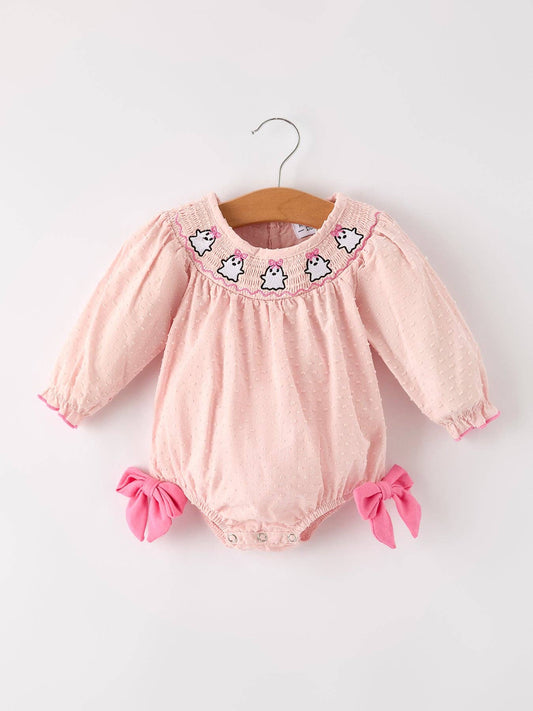 Halloween Light Pink Ghost Embroidery Smock Floral Girls Romper