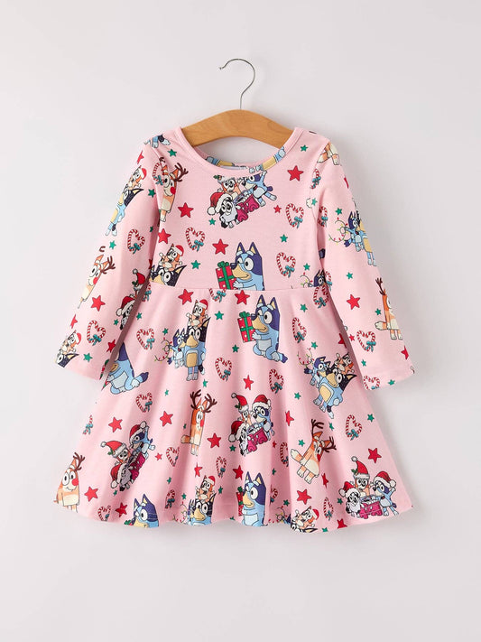 Bluey Christmas Character Print  Pink Girls Dress