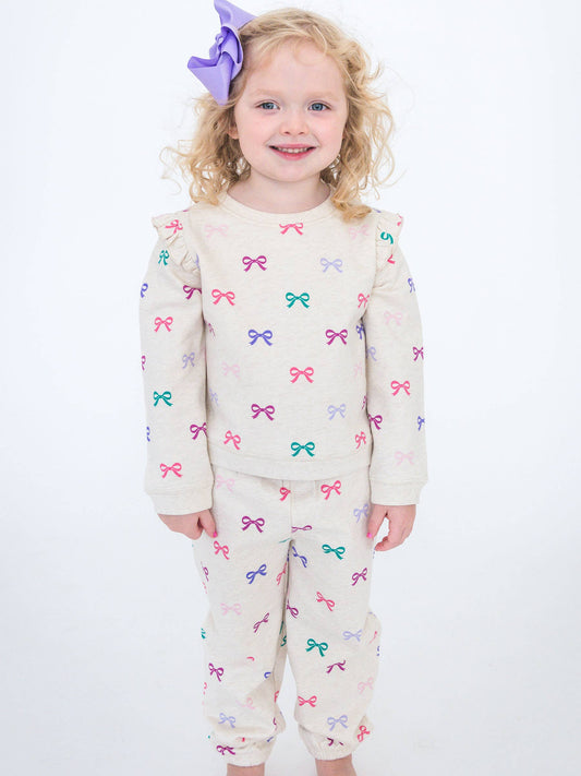 Toddler Girls Heather Oatmeal Ribbons Flutter Sweatshirt Jogger Set with Signature Rear Ruffles