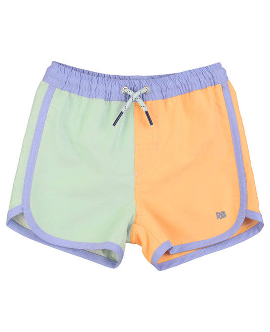 Boys Periwinkle, Frost Green, and Ginger Color Block Dolphin Hem Swim Trunks