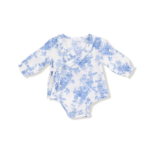 Long Sleeve Kimono Bodysuit with Ruffle - Dream Cottage Floral Blue