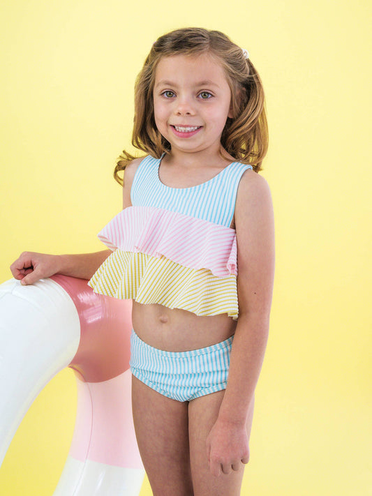 Girls Seersucker Color Block Flounce Bikini 2-Piece Swimsuit with Signature Rear Ruffles