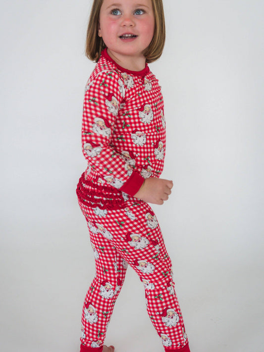 SoftSnooze™ Toddler Girls Bamboo Viscose Red Dear Santa Ruffle Long Sleeve Pajama Set with Signature Rear Ruffles
