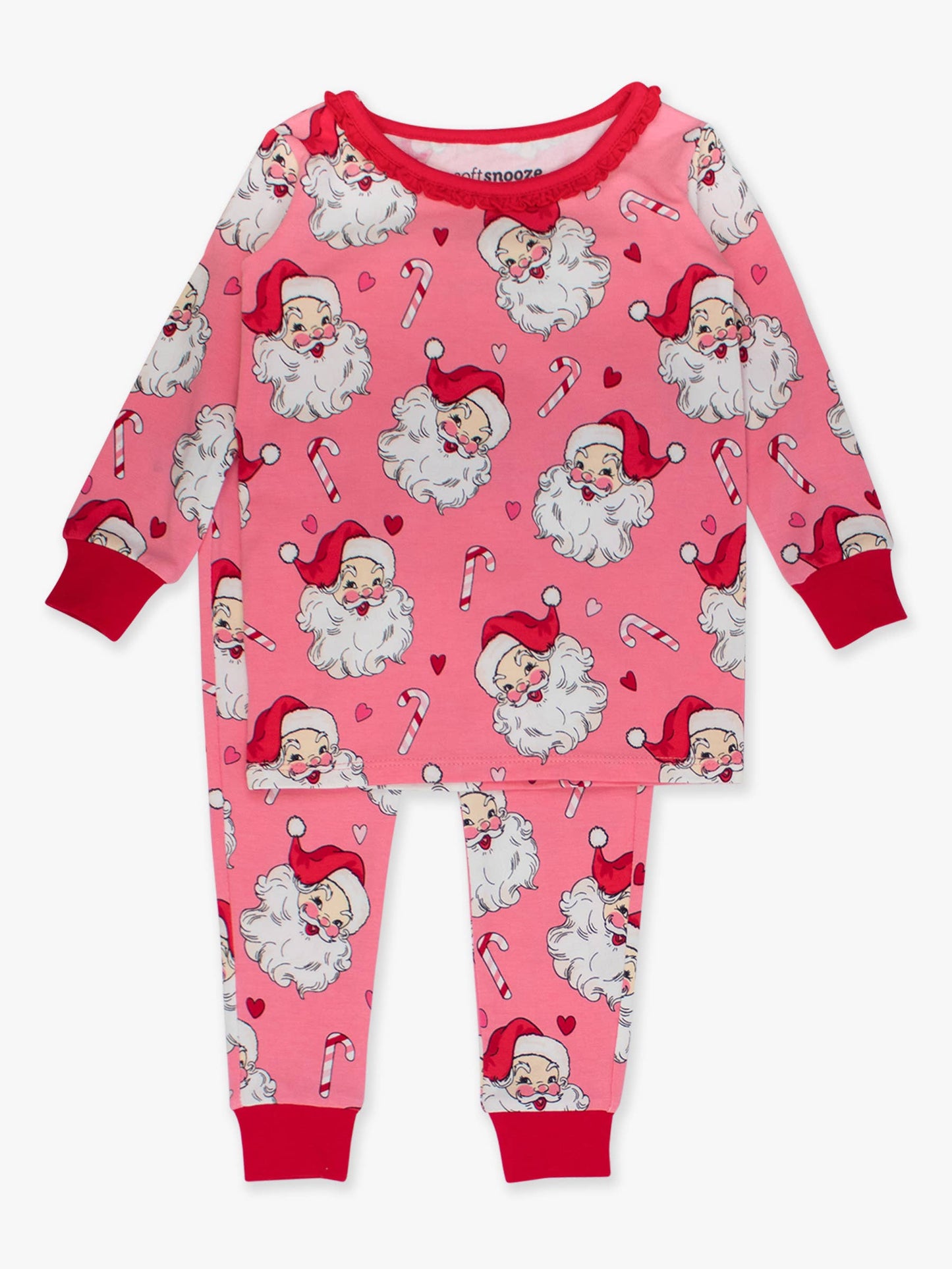 SoftSnooze™ Toddler Girls Modal Blend Pink Santa Joy Ruffle Long Sleeve Pajama Set with Signature Rear Ruffles