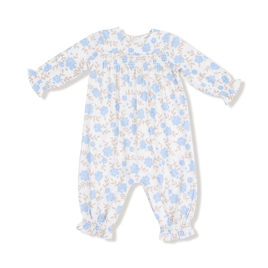 Smocked Long Sleeve Romper - Baby Blue Floral