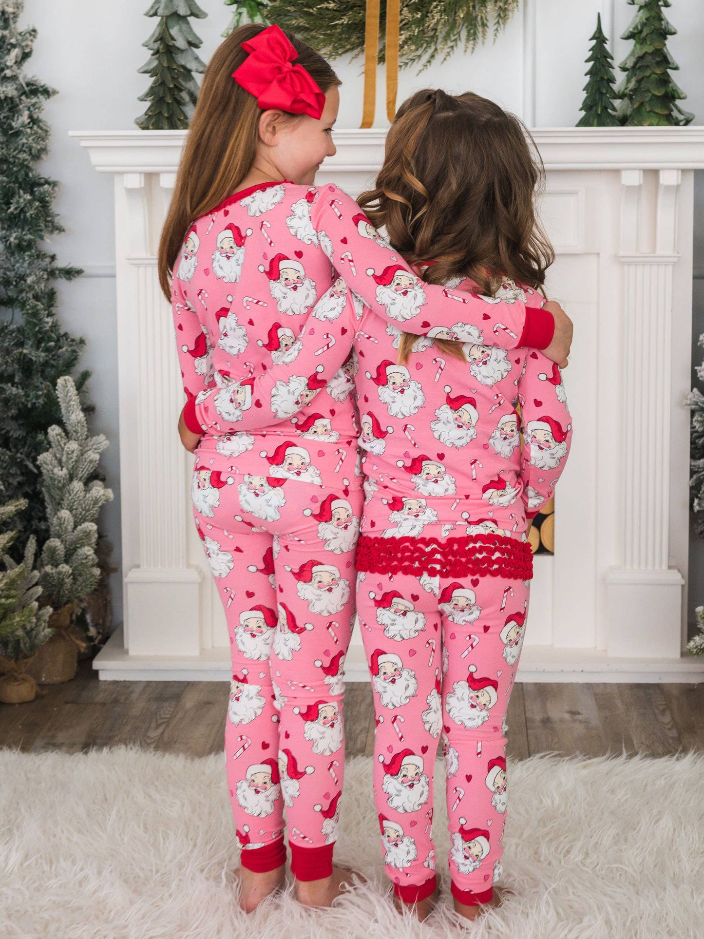 SoftSnooze™ Toddler Girls Modal Blend Pink Santa Joy Ruffle Long Sleeve Pajama Set with Signature Rear Ruffles