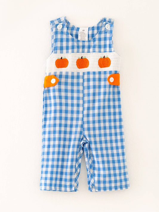 Pumpkin Blue Boys Smocking Embroidered Plaid Romper
