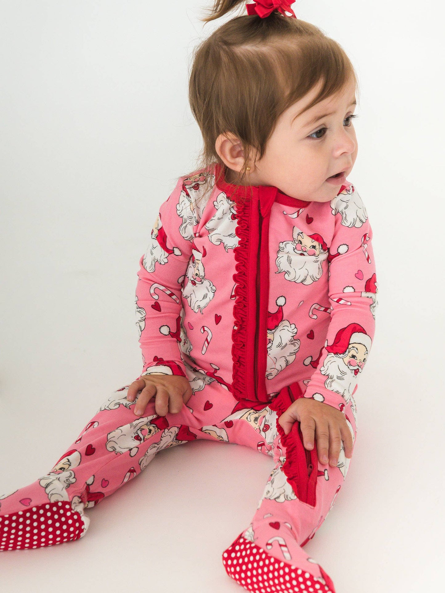 SoftSnooze™ Baby Girls Modal Blend Pink Santa Joy Footed Ruffle One Piece Pajama
