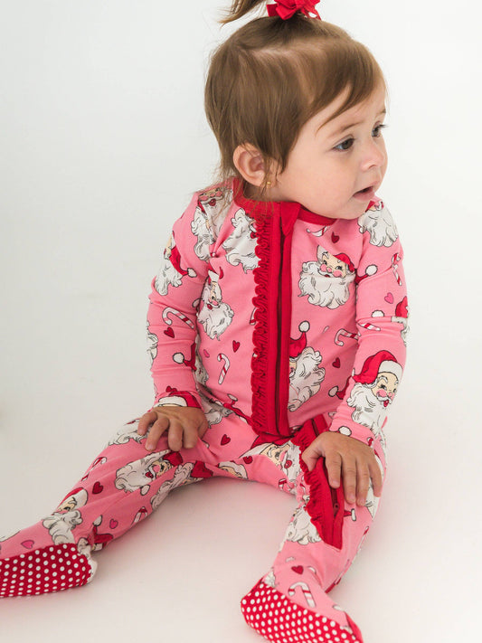 SoftSnooze™ Baby Girls Modal Blend Pink Santa Joy Footed Ruffle One Piece Pajama