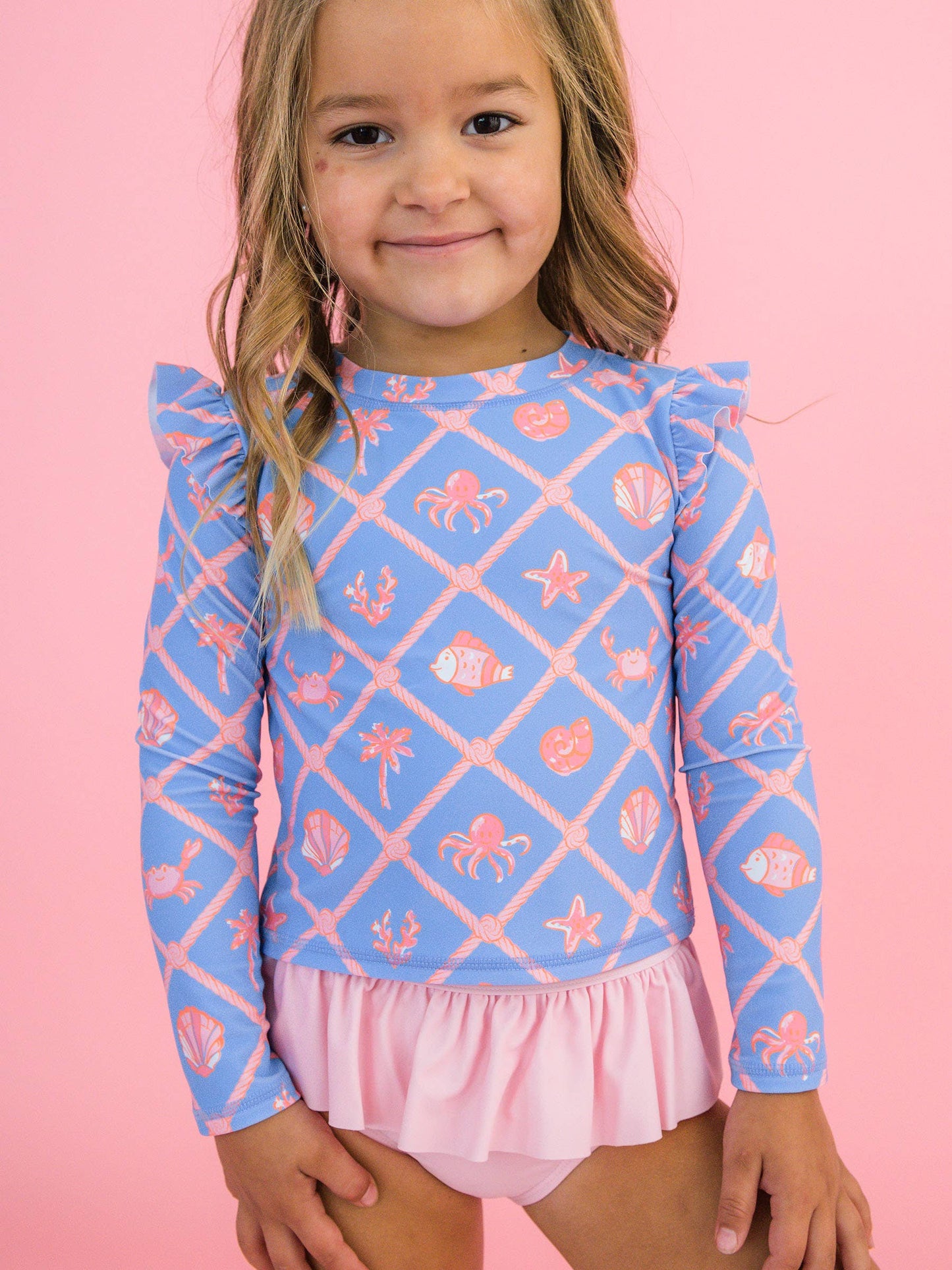 Girls Tropical Trellis Flutter Long Sleeve Rash Guard Skirted 2-Piece Swimsuit