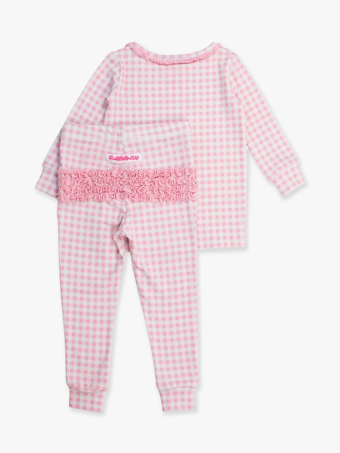 SoftSnooze™ Toddler Girls Cotton Modal Pink Gingham Ruffle Long Sleeve Pajama Set with Signature Rear Ruffles