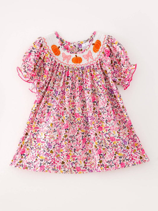 Pumpkin Girls Smocking Pumpkin Bow Embroidered Short Sleeve Dress