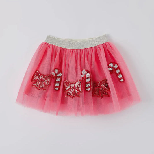 Christmas Candy Cane and Bows Sequin Applique Pink Tulle Skirt