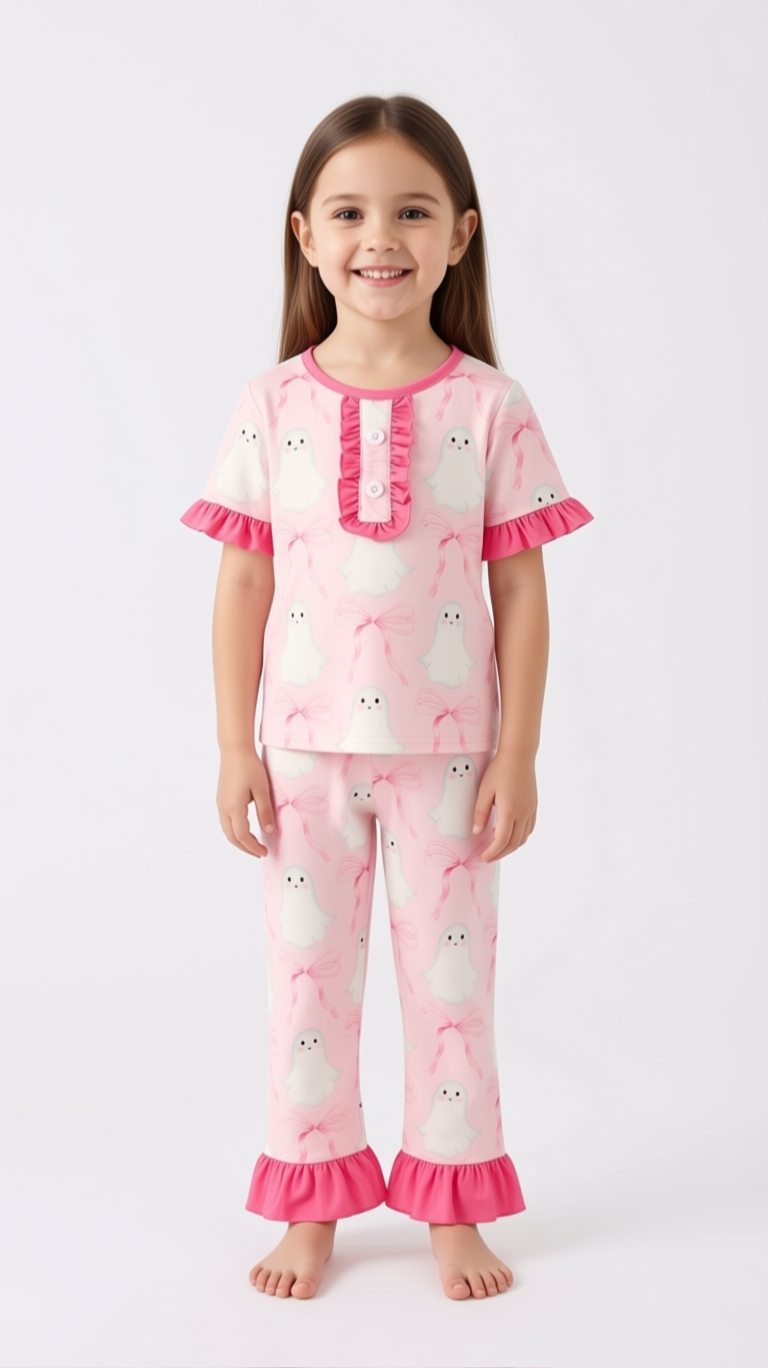 Halloween Ghost Short Sleeve Ruffled Girls Pajamas