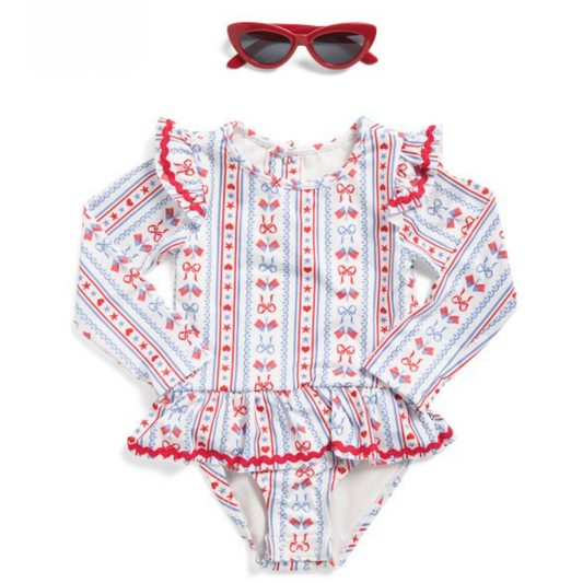 Americana Bows Long Sleeve Rash Guard One Piece Swimsuit with Sunglasses