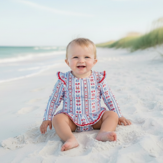 Americana Bows Long Sleeve Rash Guard One Piece Swimsuit with Sunglasses