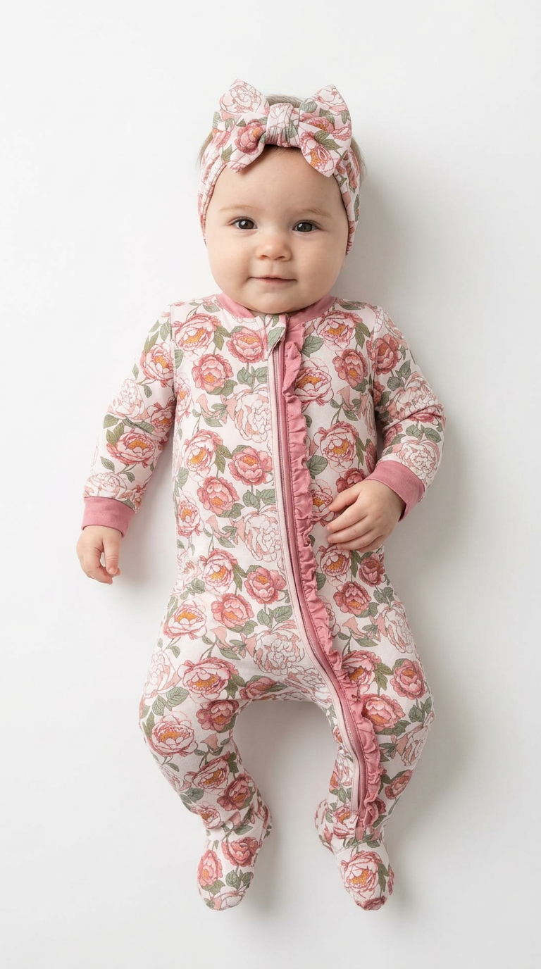 Rose Floral Bamboo Footie with Headband