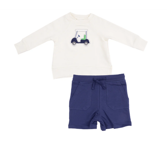 French Terry Raglan Sweatshirt with Applique and Short - Golf Cart Blue