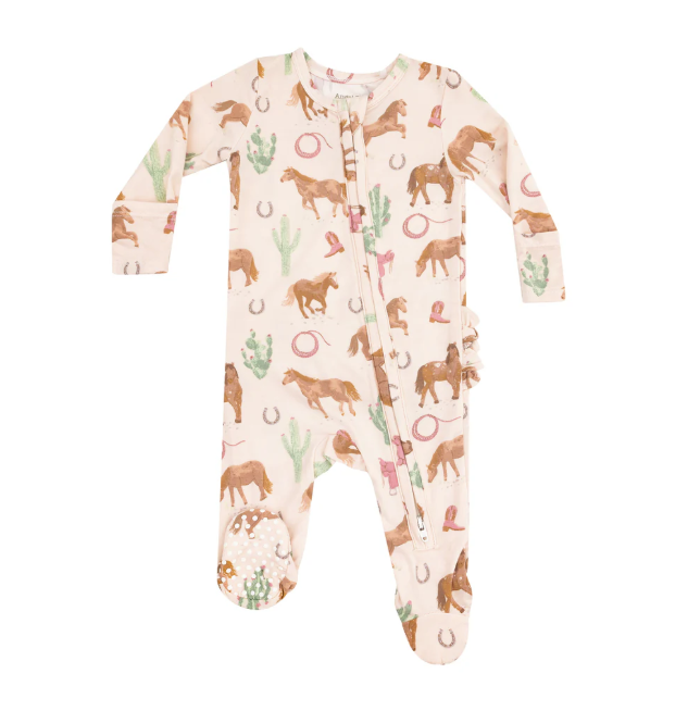 2 Way Zipper Ruffle Back Footie - Western Horses Pink