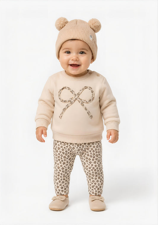 Baby Girl Leopard Bow Sweatshirt, Leggings & Hat Set